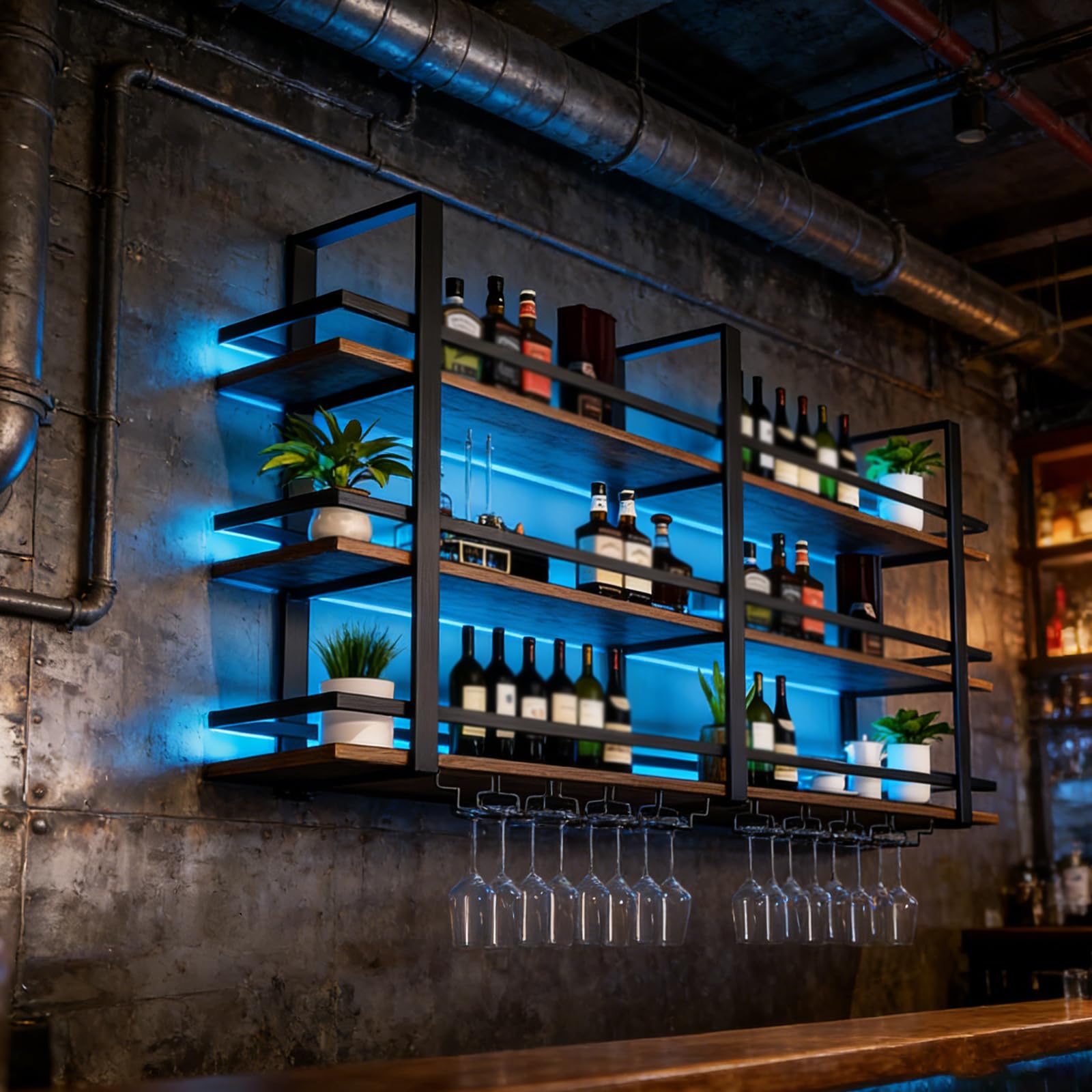 Portabottiglie da Parete con luci a LED, Ripiani Espositivi Galleggianti in Metallo a 3 Livelli per Liquori, con Portabicchieri, Portabottiglie da Parete Industriale, per Bar, Cucina (Black, 140cm)