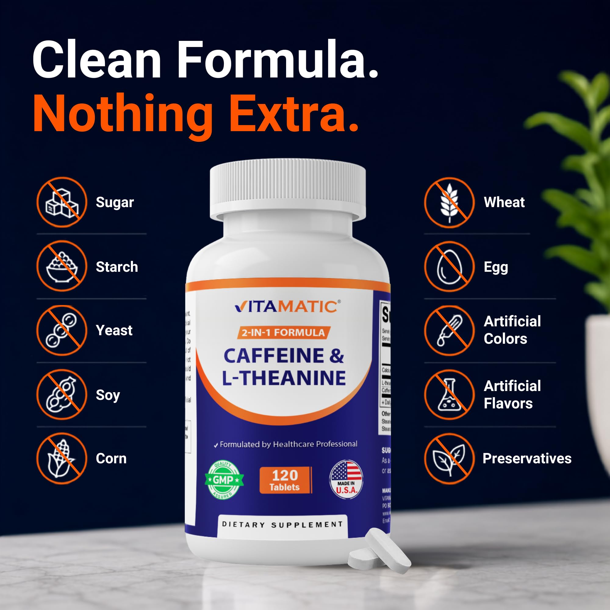 Vitamatic L-Theanine 200 mg with Caffeine 100 mg, 120 Tablets, Made in USA — Amazon image 6