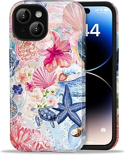 Compatible with iPhone 15 Case, Aesthetic Summer Phone Case Cute Flower Shell Turtle Sea Creature Floral Collage Girl Women, Scratch Resistant Shockproof Protective Girly Case for iPhone 15