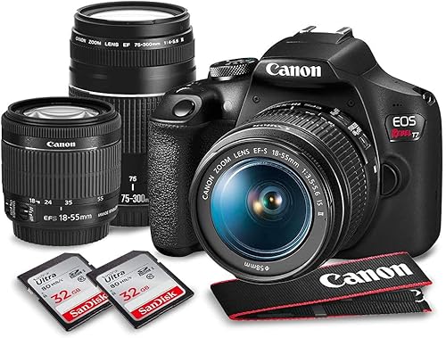 Canon Cámara DSLR T7 EOS Rebel con kit de lentes de 0.709-2.165 in y 2.953-11.811 in y paquete de accesorios de tarjeta SD dual de 32 GB (renovado)