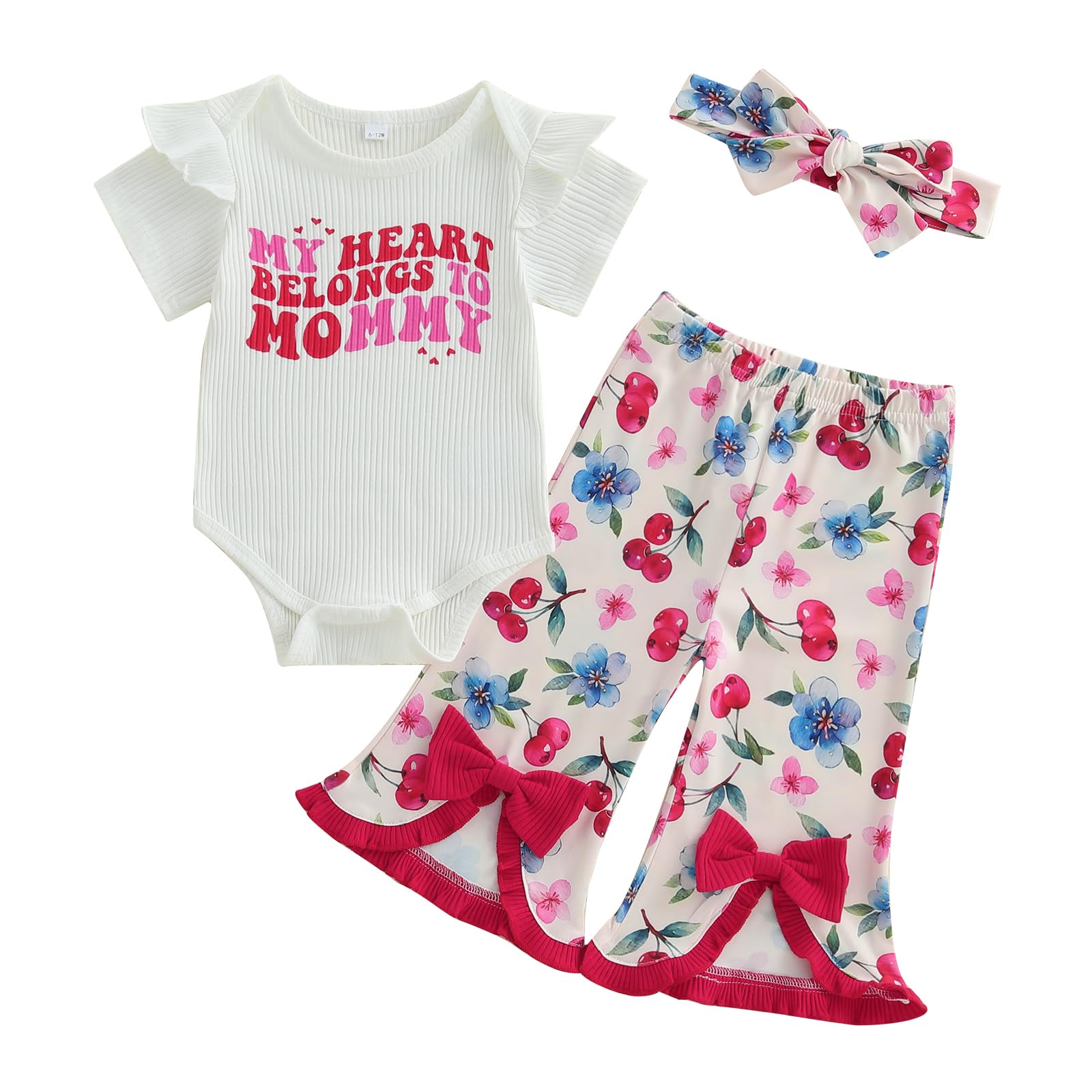 MERSARIPHY Baby Girl Summer Clothes Newborn Infant Bell Bottom Outfits Ribbed Knit Short Sleeve Ruffle Romper Flare Pants Set