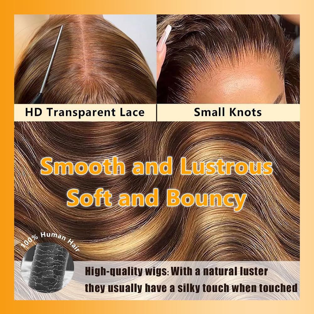 QTHAIR 18A 13x6 Highlight Body Wave Lace Front Wigs Human Hair 30" Honey Blond Ombre Wig 180% Density Body Wave Pre Plucked 13x6 Hd Lace Front Wigs Human Hair