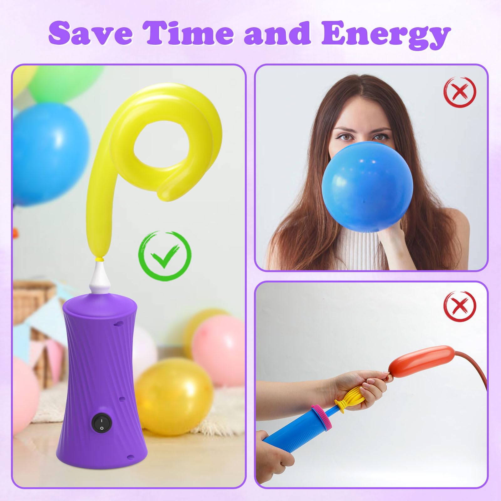 AXHJ Elektryczne pompki do długich balonów, dmuchawa do nadmuchiwania na przyjęcie urodzinowe, uroczystości, balony dekoracje na foliowe balony ze zwierzętami, fioletowe