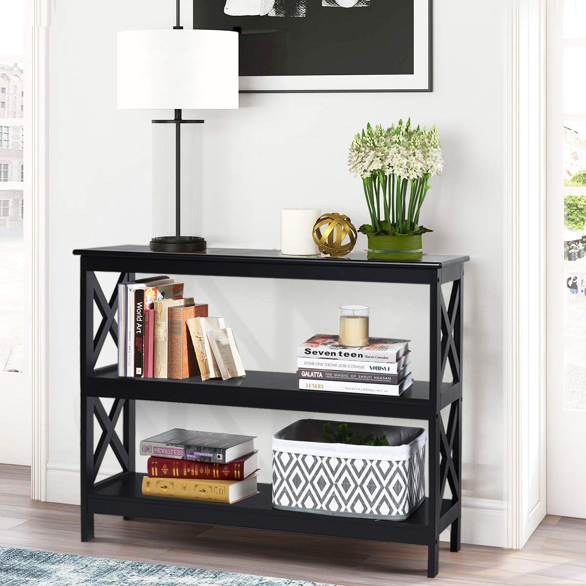 COSTWAY Mesa Consola Mesa Auxiliar de 3 Niveles Mesita con Estante Estantería 100x30x80 centímetros Mueble para Salón Pasillo (Negro)
