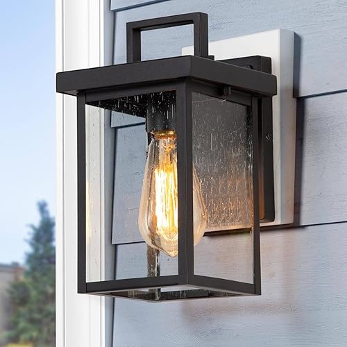 Miniatura 8 de LALUZ Lámpara de pared al aire libre para porche, 11 pulgadas, linterna exterior para montaje en pared, lámpara exterior negra lijada con vidrio
