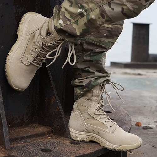 Miniatura 9 de FREE SOLDIER Botas tácticas para hombre de 8 pulgadas, ligeras, botas de combate duraderas, botas de trabajo militares de gamuza duradera, botas de