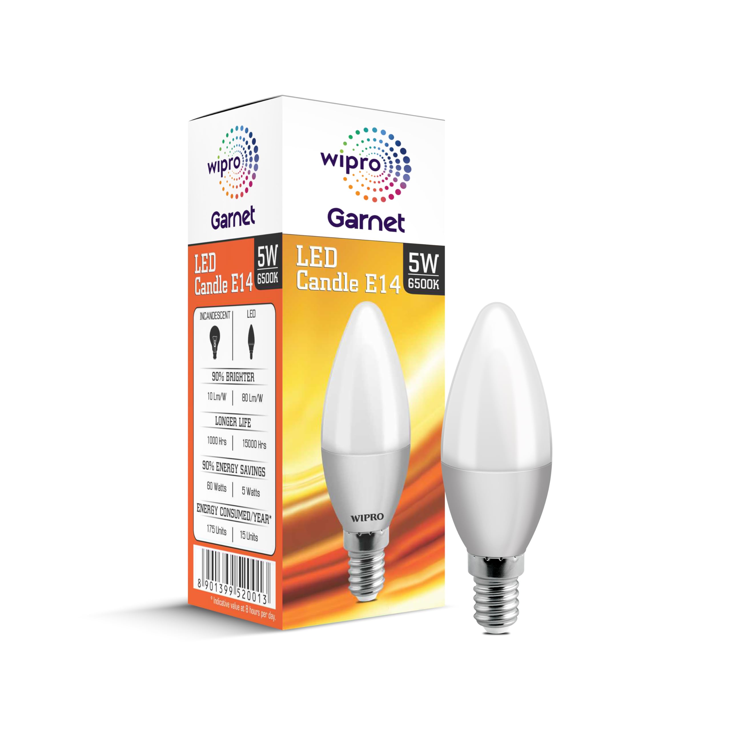 wipro Garnet 5 W E14 Base Frosted Candle LED Bulb | Cool Day White (6500K) | Pack of 1 | Clear optics for sparkling effect | LED Filament Bulb for Home, office, chandellior, decorative lamp shade
