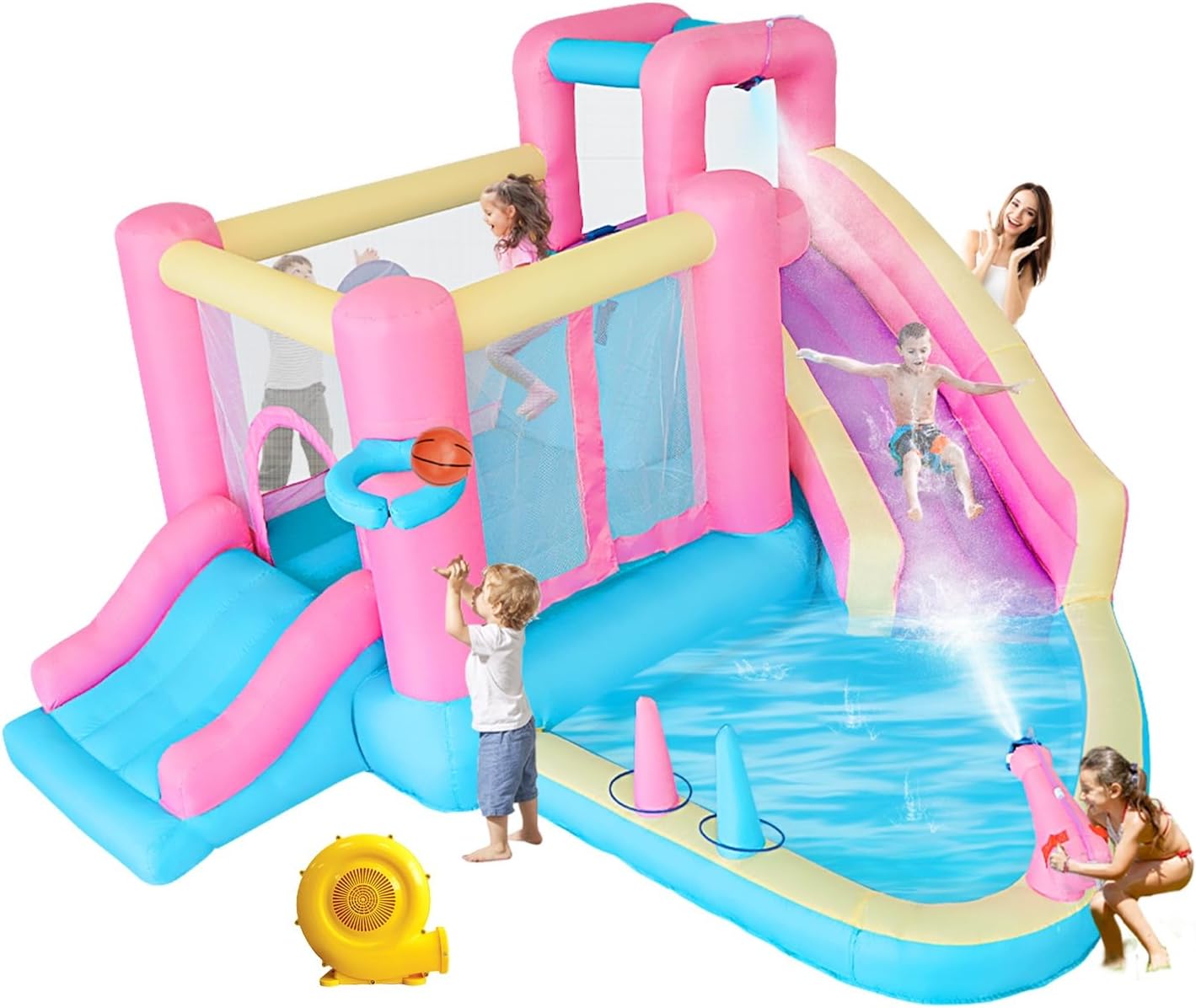 Bestsun Inflatable Water Slide for Kids, Bounce House with Slide, Pool, Water Cannon, Climbing Wall, Blower Included, Outdoor Summer Fun for Kids, 141x138x78 Inches, Pink