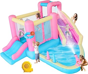 Inflatable Water Slide for Kids, Bounce House with Slide, Pool, Water Cannon, Climbing Wall, Blower Included, Outdoor Summer Fun for Kids, 141x138x78 Inches, Pink