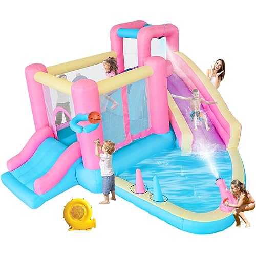Bestsun Inflatable Water Slide for Kids, Bounce House with Slide, Pool, Water Cannon, Climbing Wall, Blower Included, Outdoor Summer Fun for Kids, 141x138x78 Inches, Pink