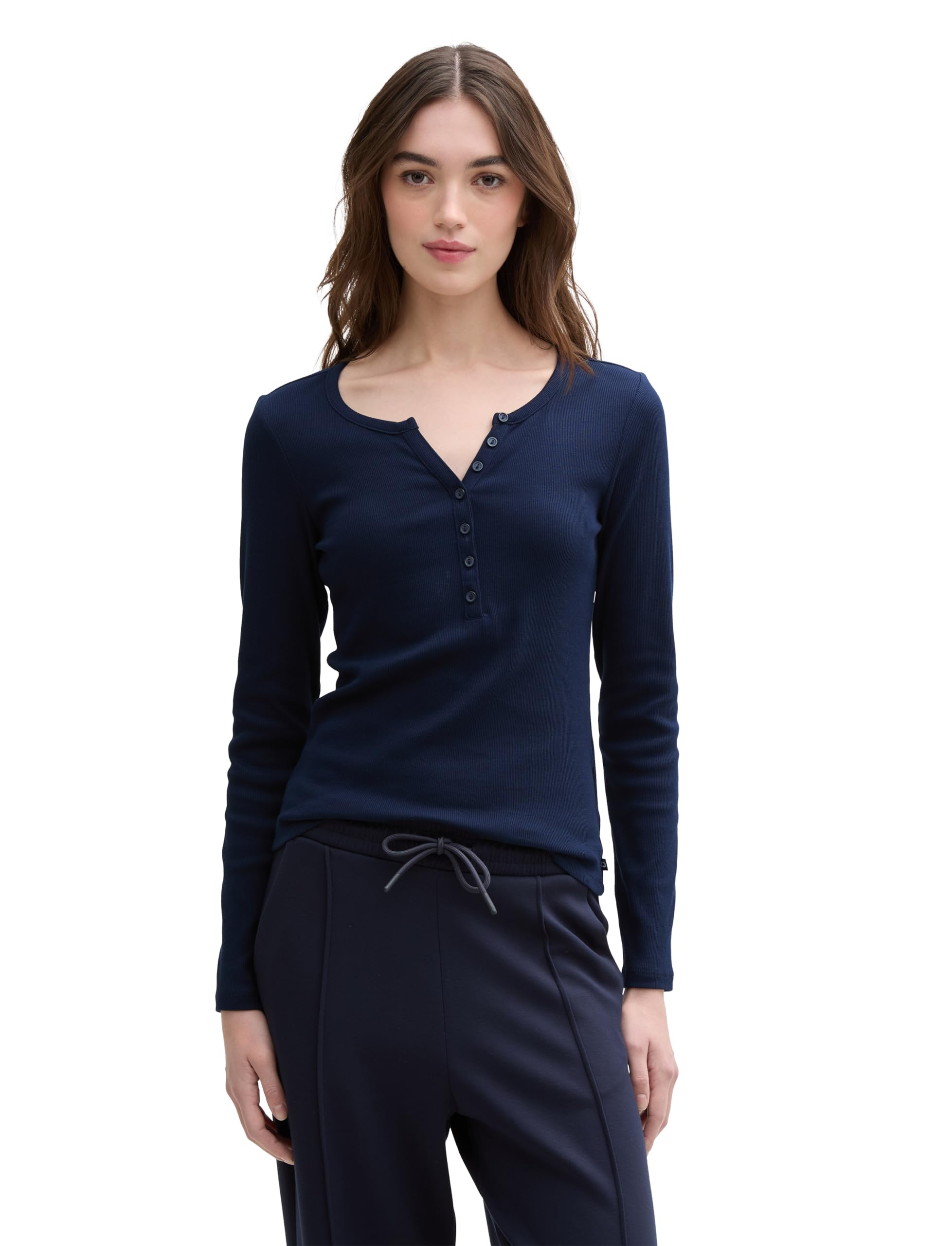 Tom Tailor Denim Damen 1045415 RIPP Henley Langarmshirt (1er Pack)