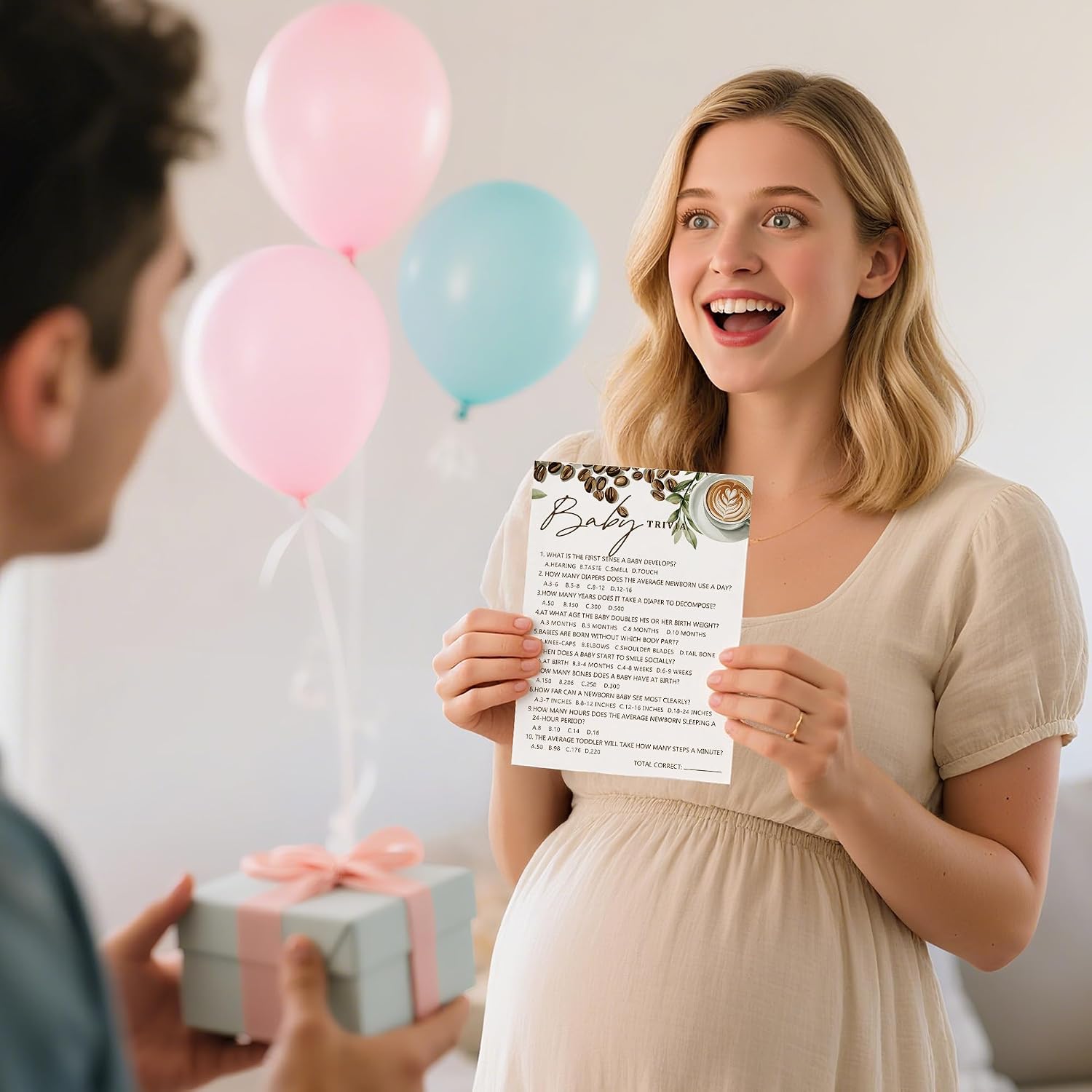 Baby Shower Games for Girl Boy, 25 PCS A Baby is Brewing Trivia Game Cards & 1 Answer Card, Coffee Theme Gender Neutral Party Decorations Supplies-E04