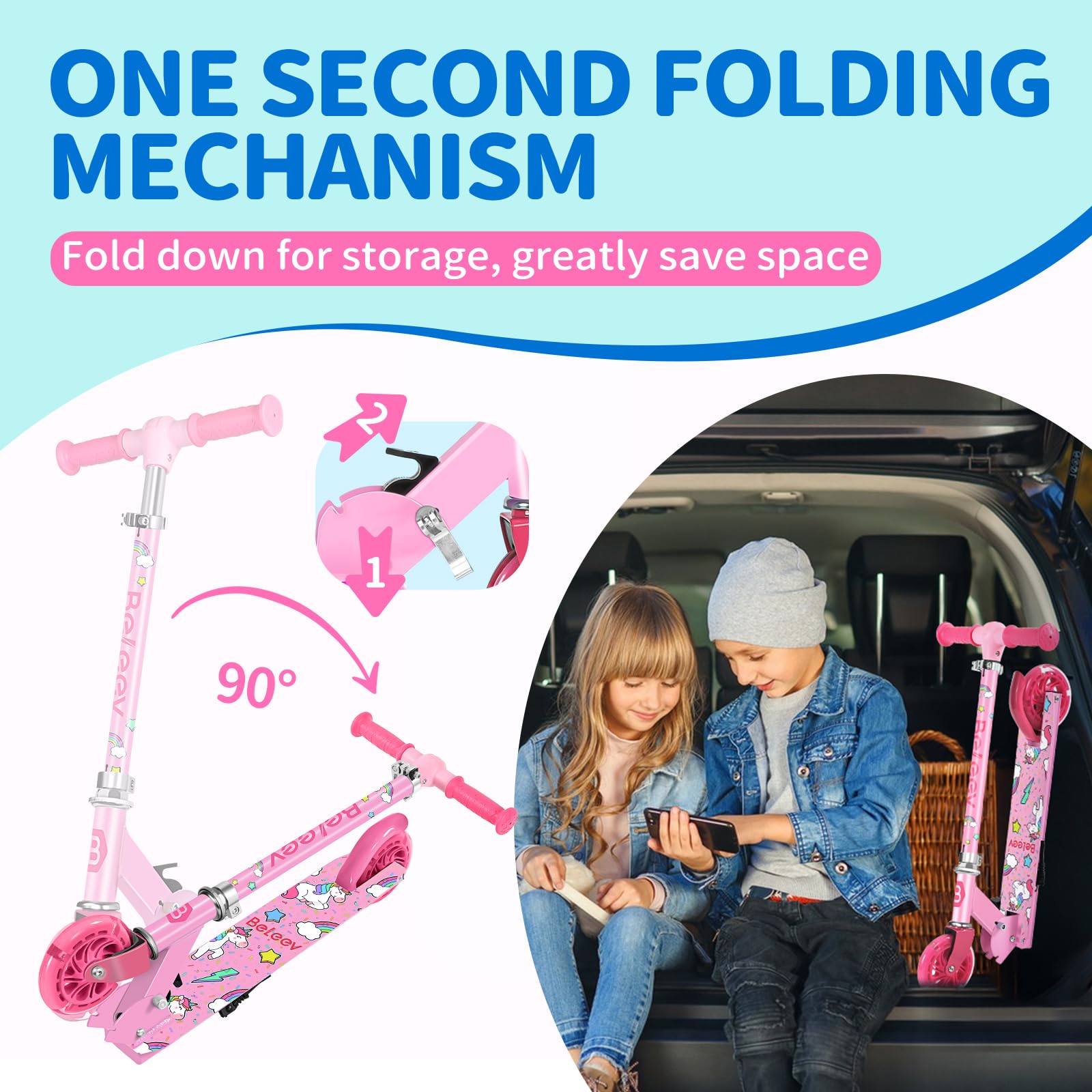 BELEEV V1Pro Scooters voor Kinderen, 2 Wielen Opvouwbare Scooter, 3 Verstelbare Hoogte, Oplichtende Wielen, Lichtgewicht Scooter met Standaard voor Kinderen van 3-12 Jaar Oude Meisjes & Jongens