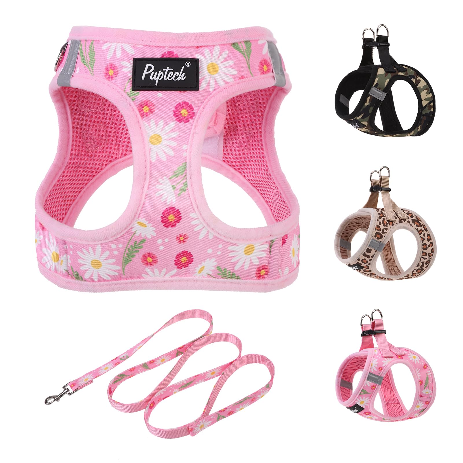 PUPTECK Dog Harness and Leash Set for Small Medium Dogs No Pull Step-in Soft Mesh Puppy Cat Vest Harnesses Reflective at Night, Pink Floral, M