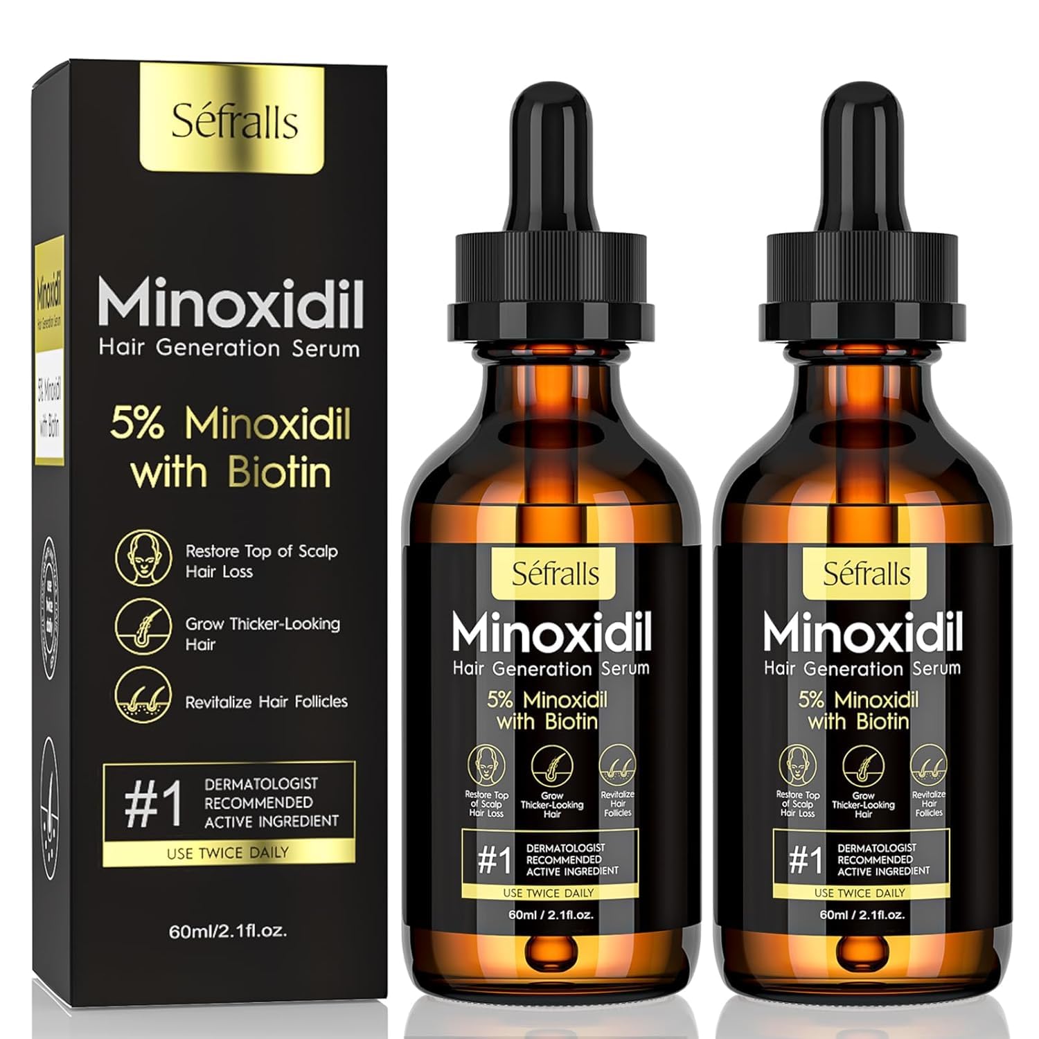 2-Pack 5% Minoxidil Hair Growth Serum for Men and Women, Hair Growth Treatment for Stronger, Thicker, and Longer Hair, Facial Hair Grooming and Thickening Solution