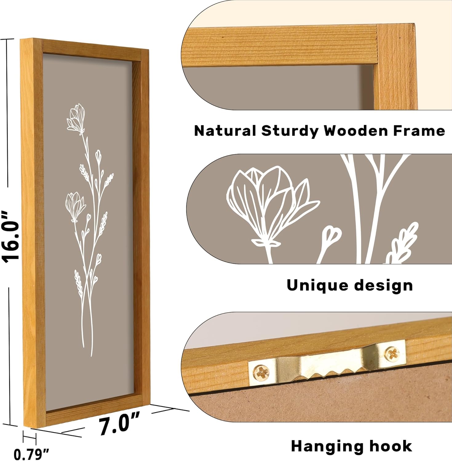 LITIVY Boho Wall Art 16”x7” Wooden Framed Floral Set of 4 Rustic Minimalist Botanical Farmhouse Bathroom Living Room Wall Decor (Naturals)