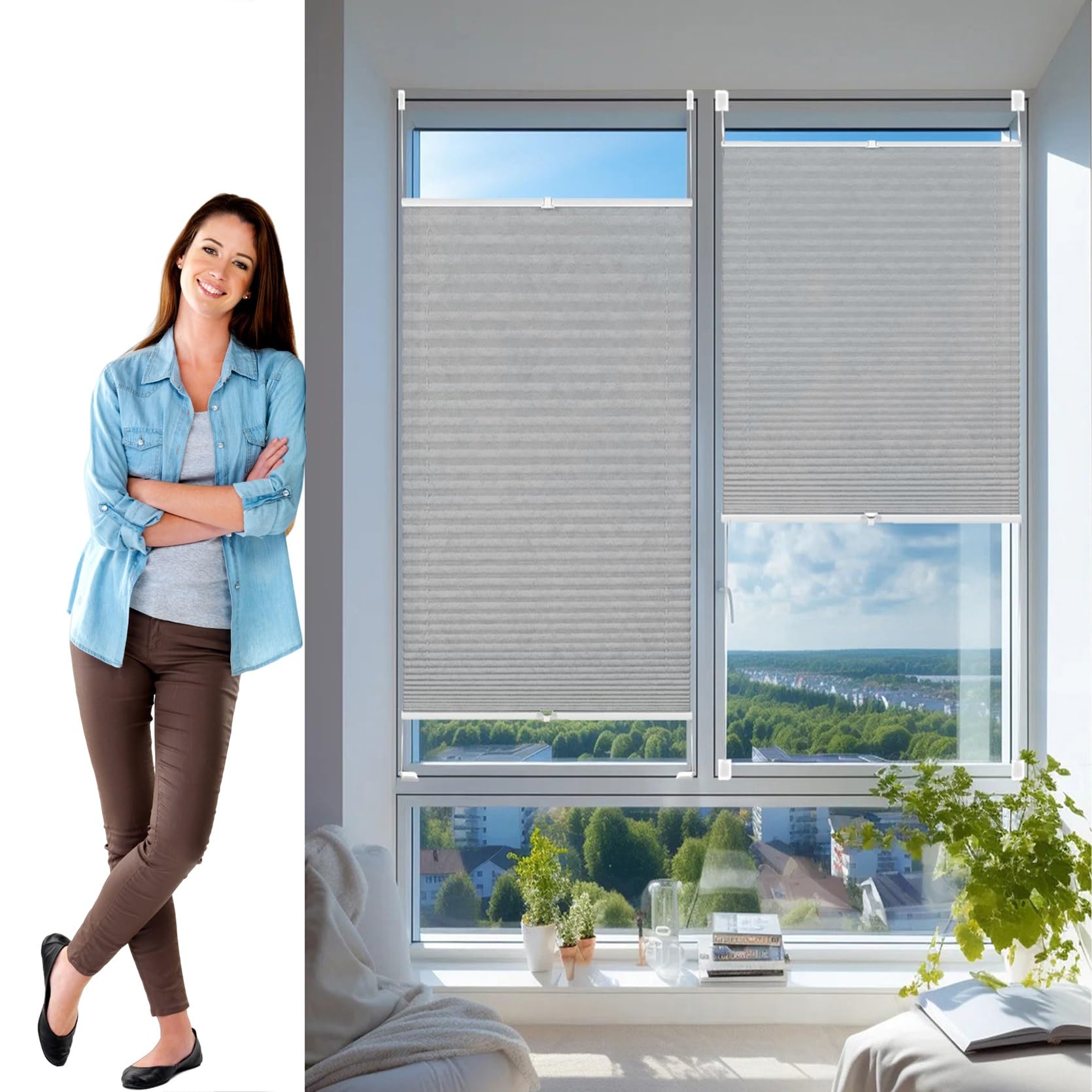 Blackout Blinds Cordless Pleated Blind 35 x 45 cm (W x H), Easy to Install No Tools Needed Quick Fix, Blackout Blinds Curtains Blinds, Pleated Window Shades, for Window Door, Light Grey