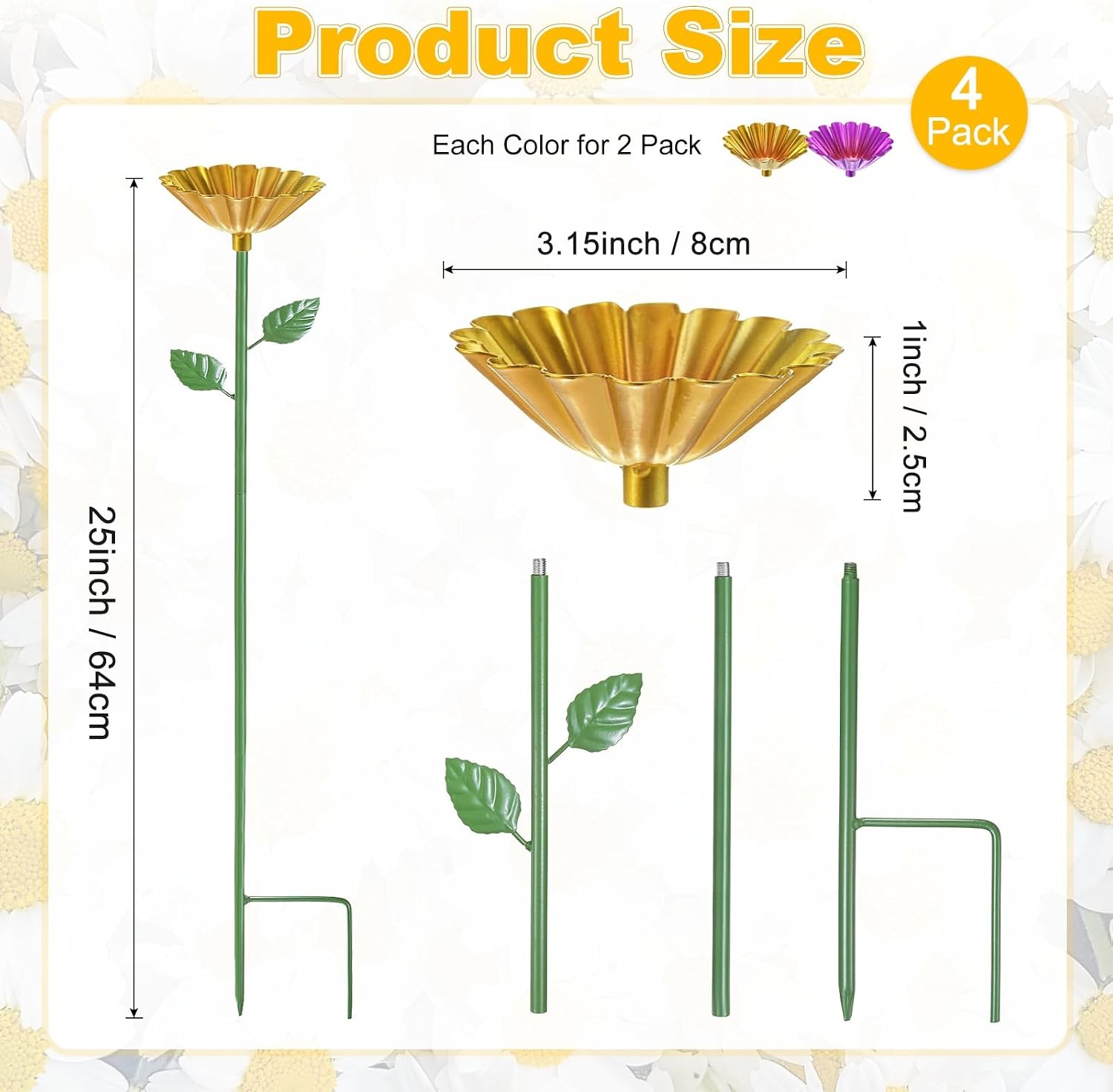 M METERXITY 4-Pack Bee Watering Station, 64cm/25 Inch Iron Bee Bath for Garden Water Feeder, Colorful Butterfly Bath Bowl for Outdoor/Garden/Yard Decor [Yellow/Rose Red] image 3