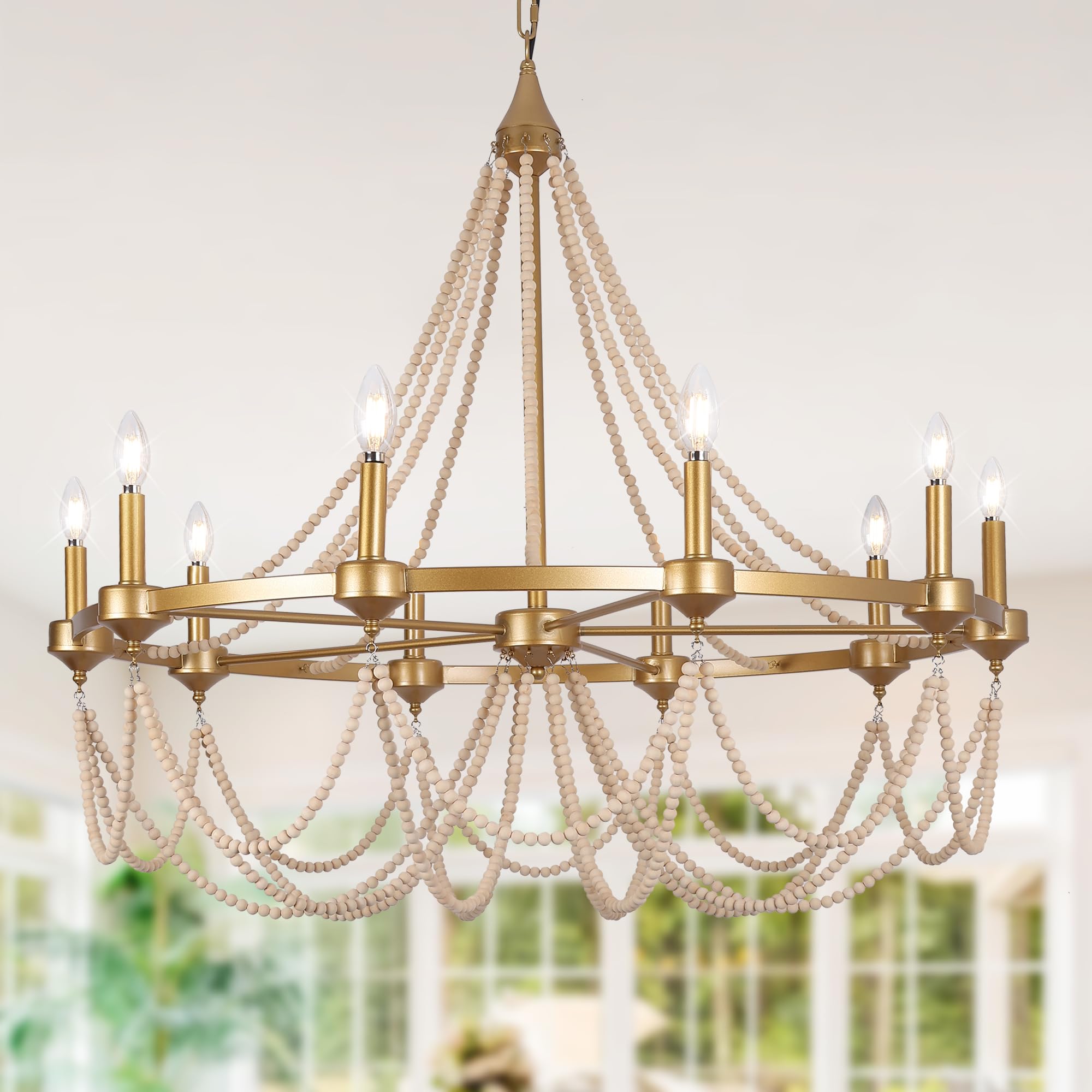 Photo 1 of COCOSTAR Large Beaded Dining Room Chandelier,36" French Country Gold Chandeliers,Adjustable Height Modern Bohemia Pendant Light for Villa Hotel -E12 Candle Wagon Wheel Design
