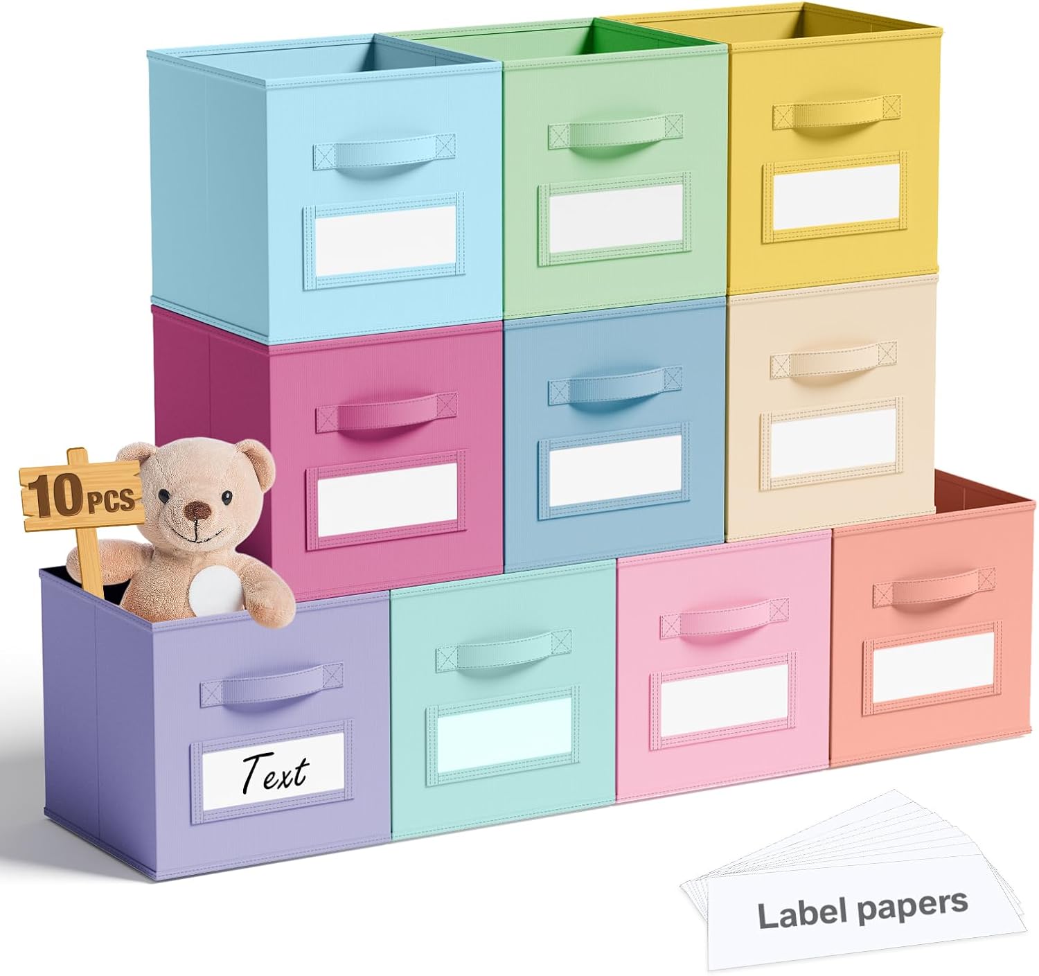 10 Pcs Fabric Storage Cubes 11 Inch Fabric Storage Bins with Labels Collapsible Cube Organizer Baskets with Window Cards for Shelves Nursery Bedroom Clothes Books Toys Organizer(Macaroon)
