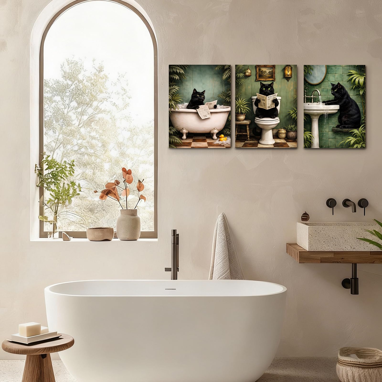 Alptiny Set di 3 quadri da bagno da 30 x 40 cm su tela con cornice, simpatici gatti con , decorazione da parete per il bagno, decorazione da parete per il bagno e il WC degli ospiti