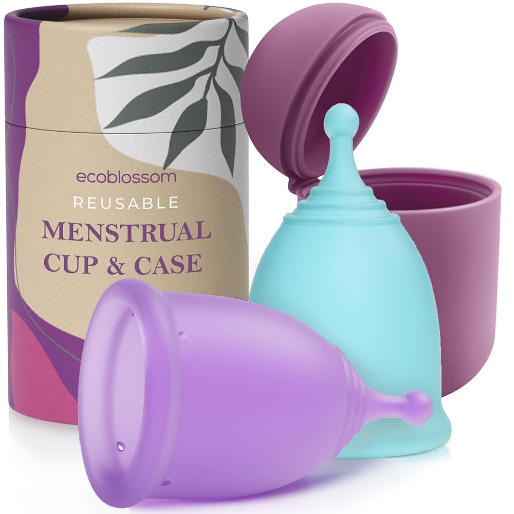 EcoBlossom Reusable Menstrual Cup and Case - The Most Reliable Medical Grade Silicone Period Cups - Comfortably use for 12 Hours (Large (Pack of 2), Round Stem & Case)