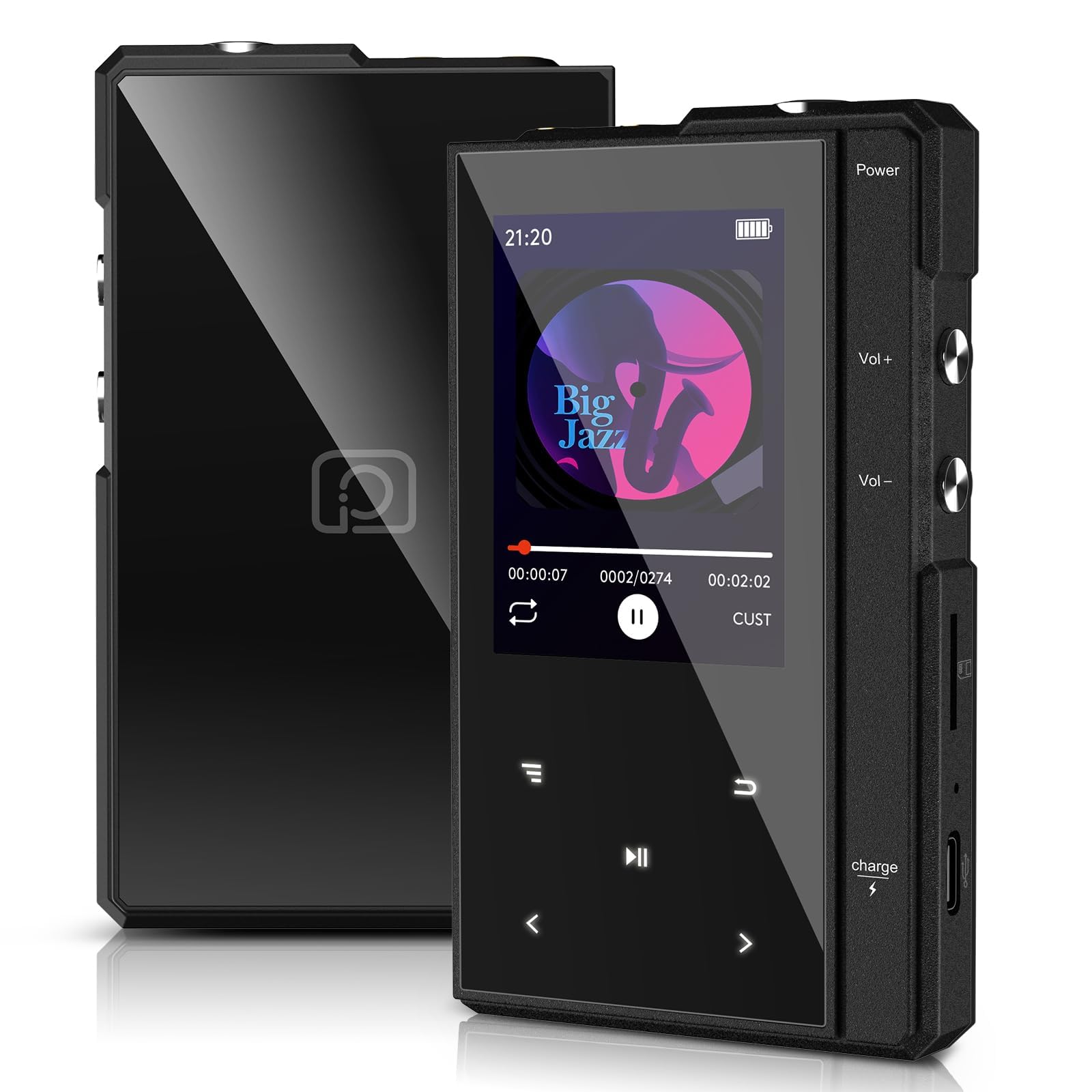 MP3-Player mit 90 Stunden Akkulaufzeit, Bluetooth 5.0, Phinitec Z6 Digital Audio Player mit Robustem und Langlebigem Metallgehäuse, 2,4 Zoll IPS Glasdisplay (Schwarz, 96, GB)