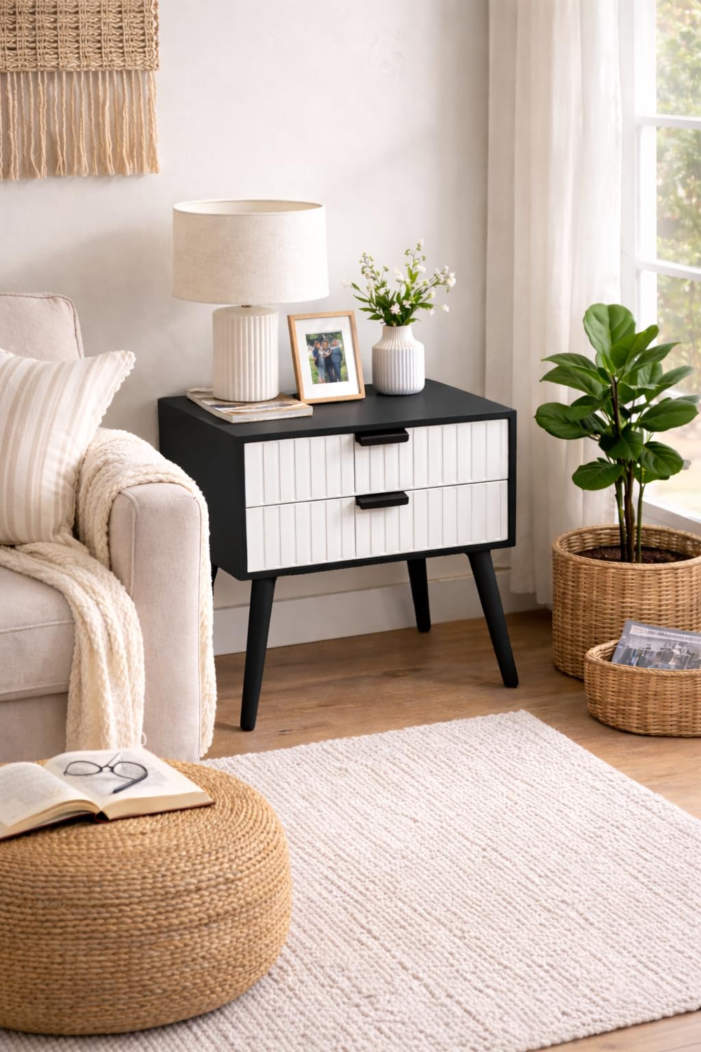 Nightstands End Side Table Solid Wood Legs,for Bedrooms,Bedside Table, Storage Box,2 Drawer Designs,Large Lattice, More Storage Space (Black & White)-image-24