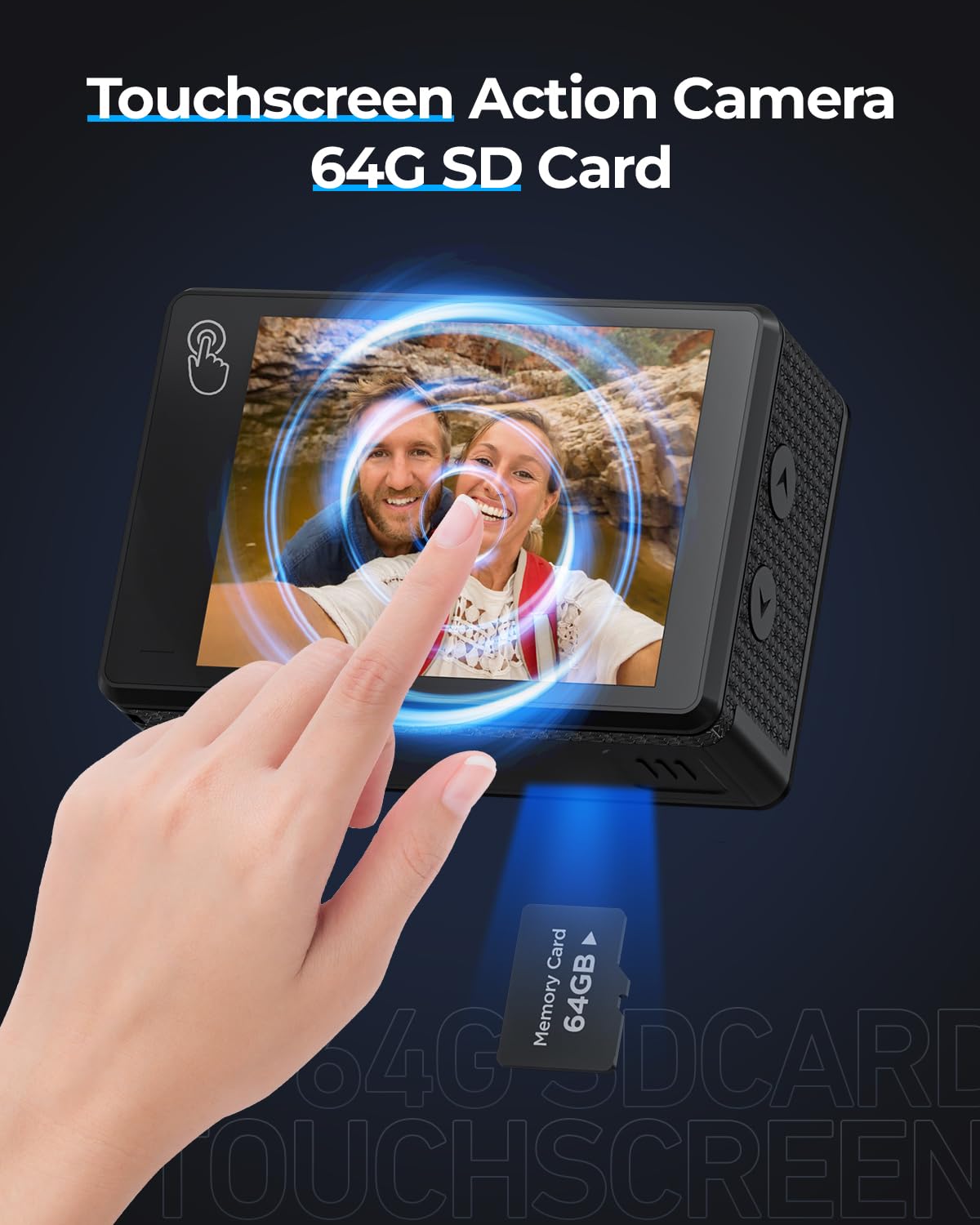 Action CAM 4K 60fps, Cámara Submarina 24MP WiFi con Tarjeta SD 64GB, Cámara de Casco Hielo Impermeable 131 ft, 8X Zoom, 2 Baterías 1350 mAh, Soporte para Casco