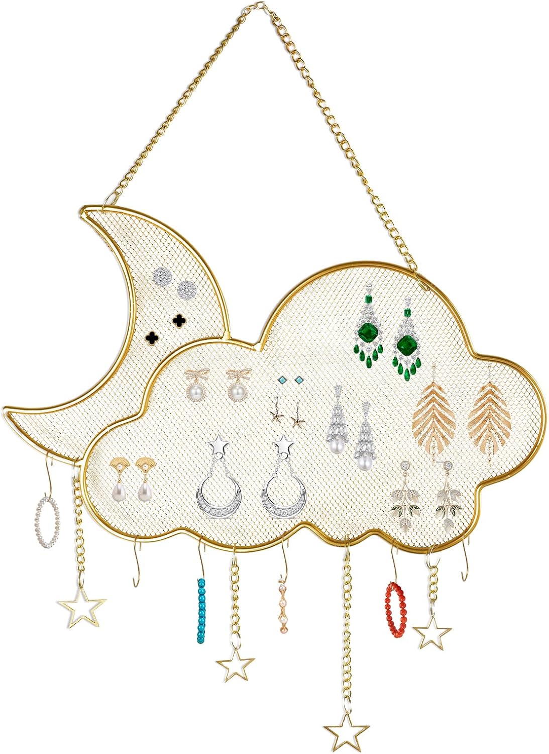Earring Holder Organizer, Gold Wall Mounted Jewelry Display Stand with 6 Hooks, Metal Hanging Jewelry Rack for Necklace Bracelet Small Grid (Moon Cloud Shape)
