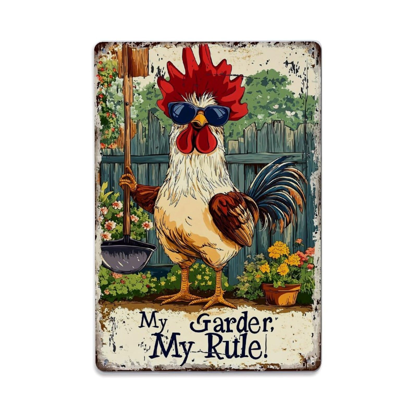 Jdfenggu Vintage Rooster With Sunglasses Holding Shovel Retro Metal Tin Sign, Decor Art Poster For Bar, Home, Man Cave, Kitchen, Laundry Room Gift 8X12inch