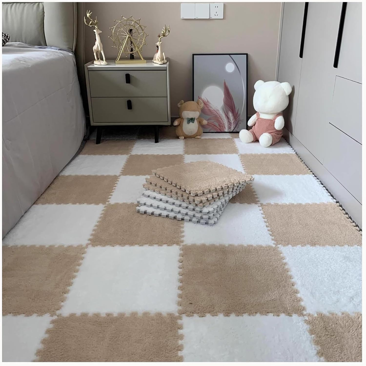 10pcs Carpet Puzzle Mats for Floor Fluffy Plush Interlocking Anti Slip Eva Foam Tiles Soft Jigsaw with Border(Light Brown+White)