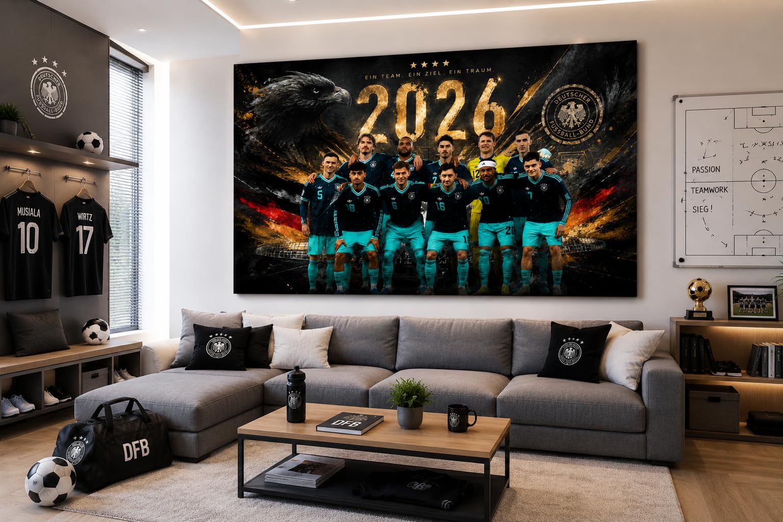 Julia-Art Leinwandbilder Leinwandbild Deutschland Fußball WM 2026 – Premium Fußball Wandbild 120x80 cm – Moderne Fan Deko für Wohnzimmer, Vereinsheim, Männerzimmer, Büro & Gaming QN121-6