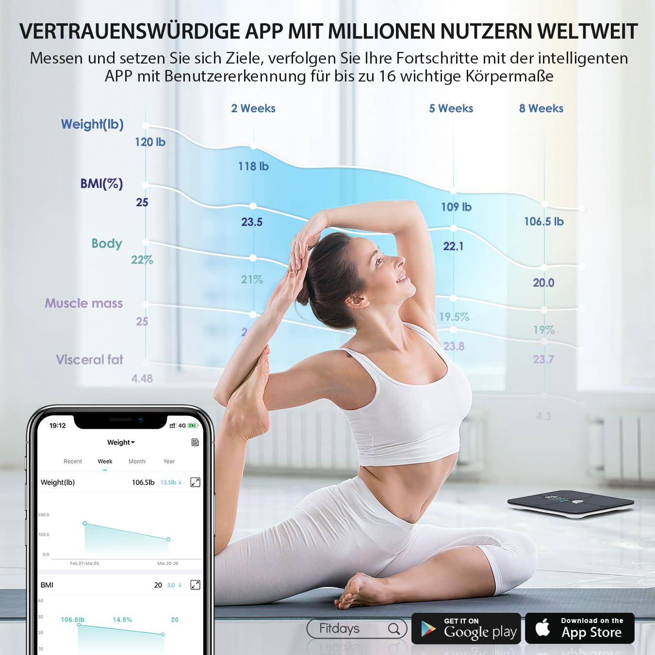 ABLEGRID Wiederaufladbar Körperfettwaage, LED Personenwaage Digital Mit Körperfett Und Muskelmasse Körperfettanalyse, 16 Messungen Der Körperzusammensetzung BMI, Herzfrequenz, 180kg, Schwarz