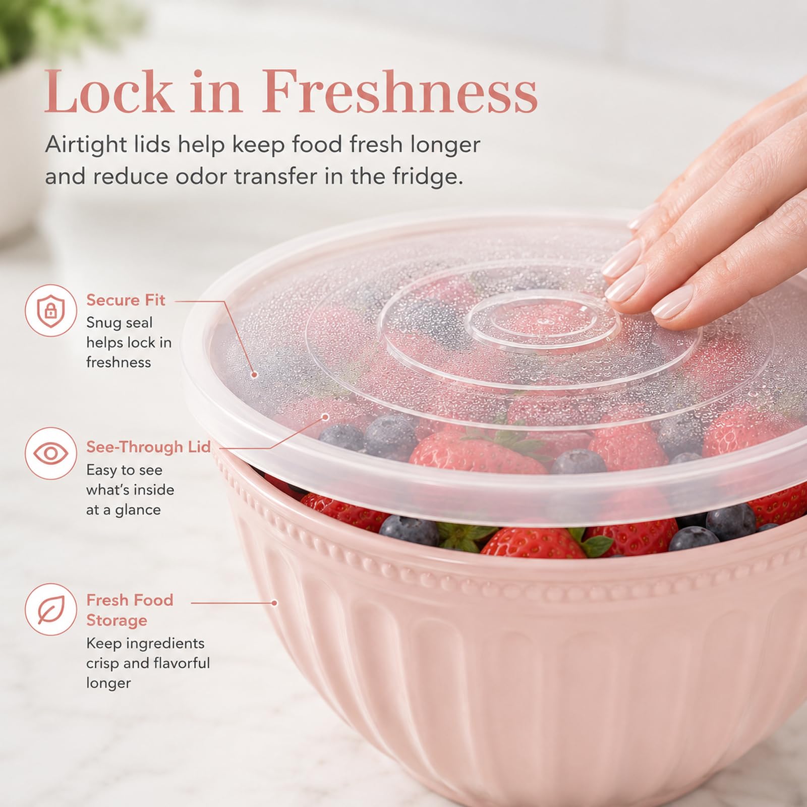 Set di 3 ciotole per insalata con coperchio, in plastica, senza BPA, impilabili, grandi ciotole per cucina, set di ciotole per miscelare, servire e conservare (rosa)