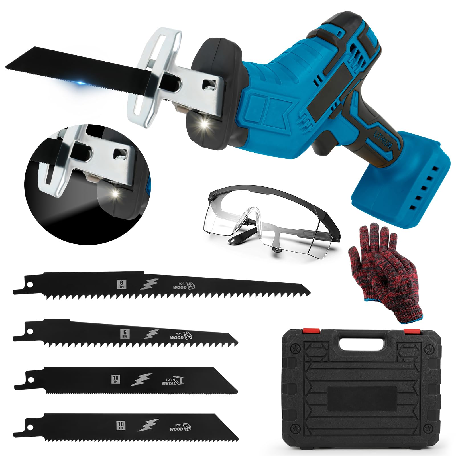 Scie Sabre Sans Fil Compatible avec Makita 18V, Scie Egoîne Electrique Sans Fil avec Verrou De Sécurité et Lumière LED, 0-3000Spm, 4 Lames pour la Coupe du Bois et du Métal (N'Inclut Pas la Batterie)