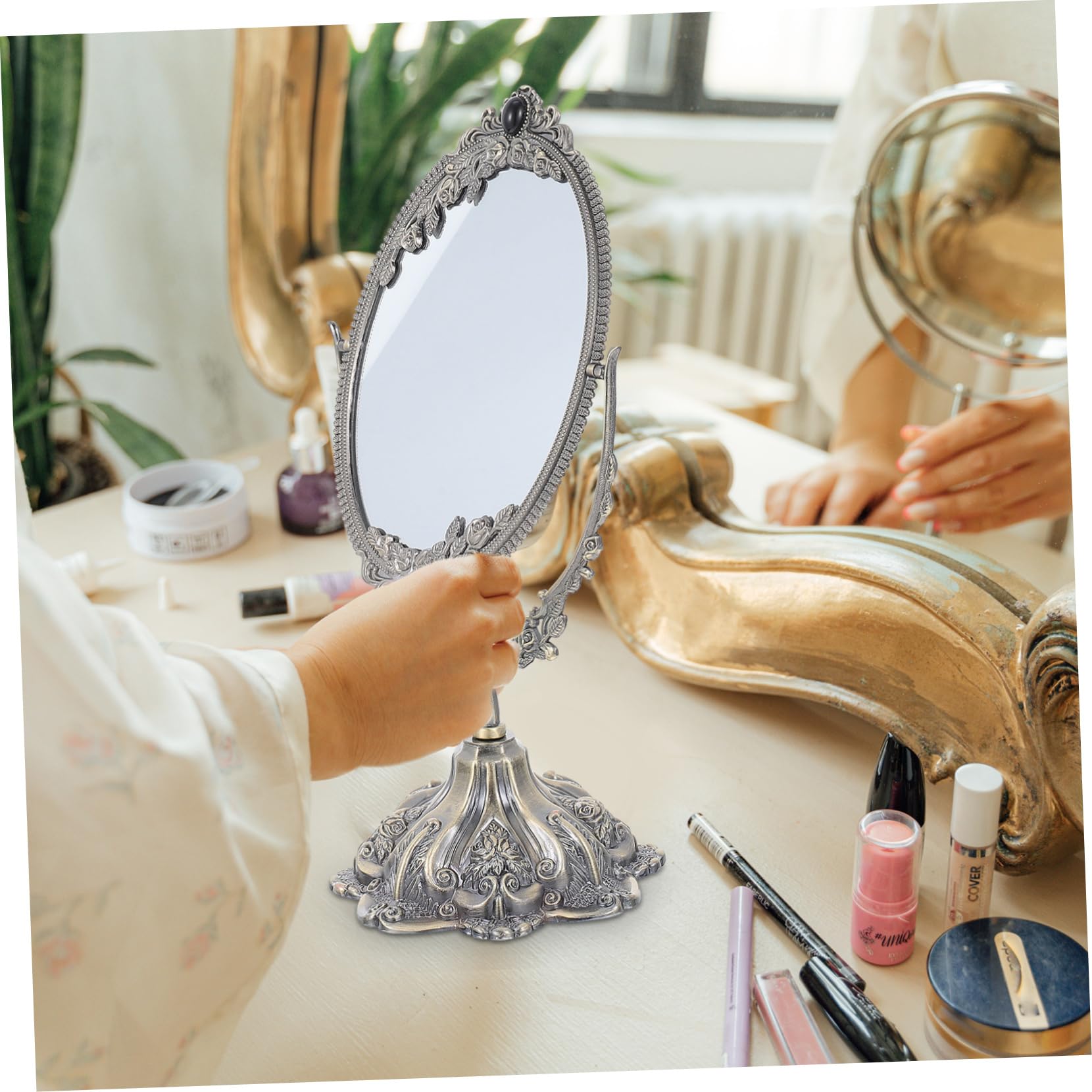 Doppelseitiger Tischspiegel im Europäischen Stil Rotierender Kosmetikspiegel für Hochzeit Stabiler und Klarer Makeup Spiegel für Zuhause Antik Finish für Tisch