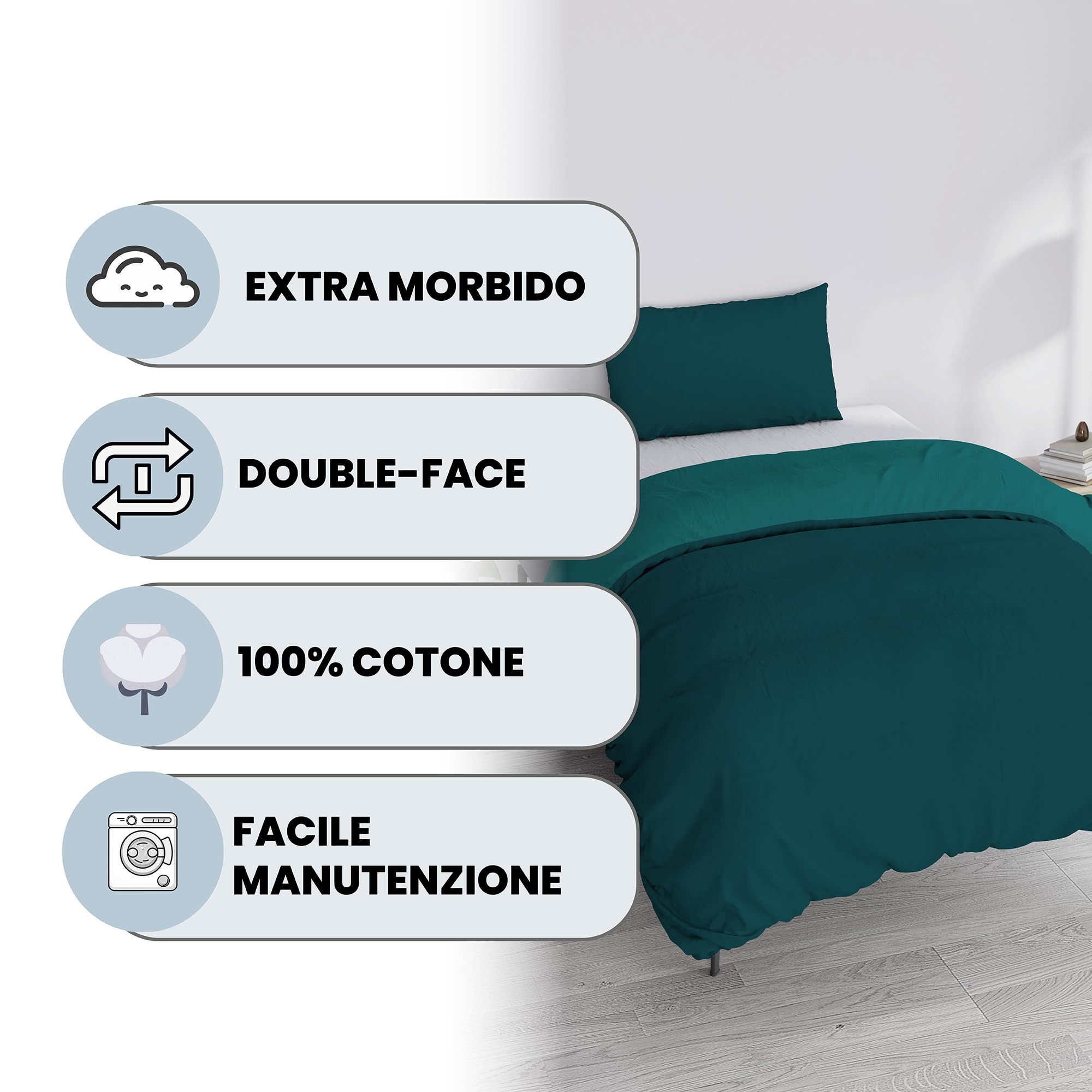 Set Copripiumino 100% Cotone Natural Color, Made in Italy - Parure Copri Piumino - Sacco Piumone 200x200 cm con Doppia Patella e Federa Cuscino, Piazza e Mezza, Verde Petrolio/Verde Bottiglia