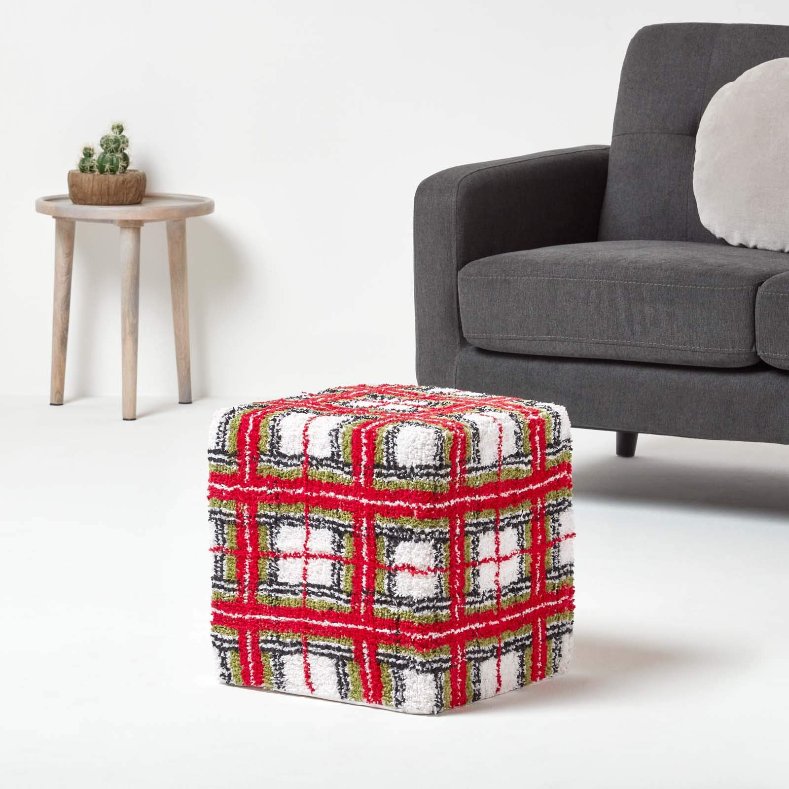 HOMESCAPES Pouf carré Coton Chenille aux Motifs Tartan Rouge et Blanc 36 x 36 x 38 cm