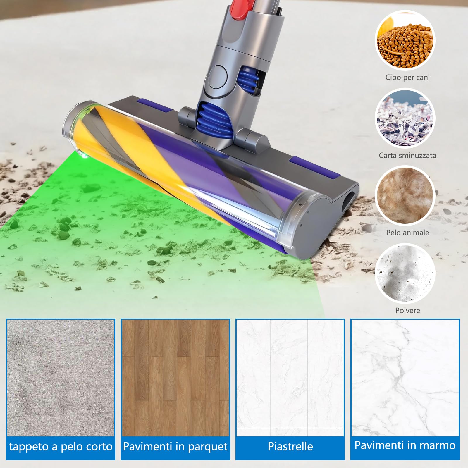 Spazzole per aspirapolvere Dyson V12 Detect Slim e Dyson V10 Digital Slim; queste spazzole dispongono di spazzole morbide e luce LED verde a copertura completa per parquet e moquette.