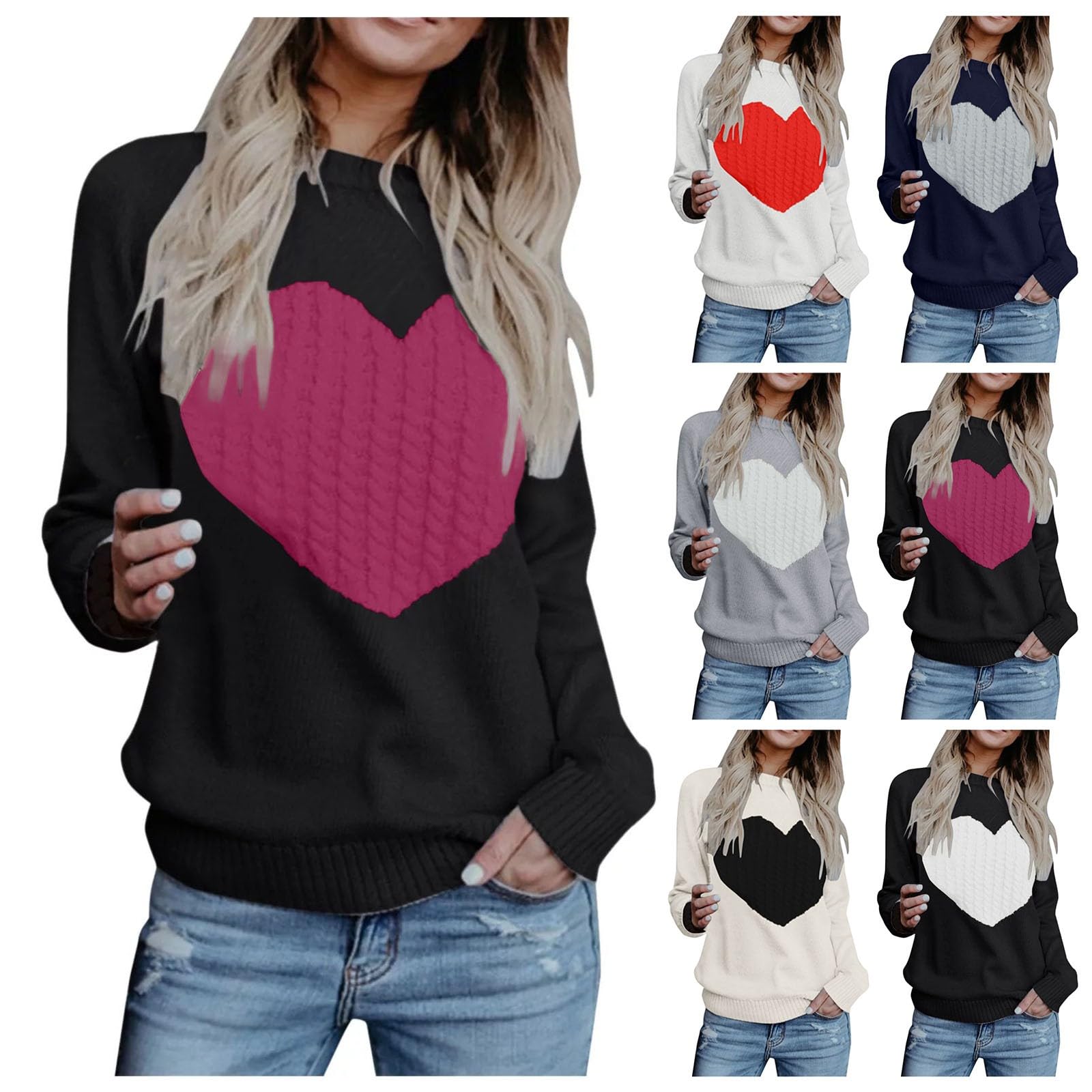 Cute Heart Sweater for Women Cozy Crew Neck Pullover Sexy Unique Winter Long Sleeve Knit Top 2025