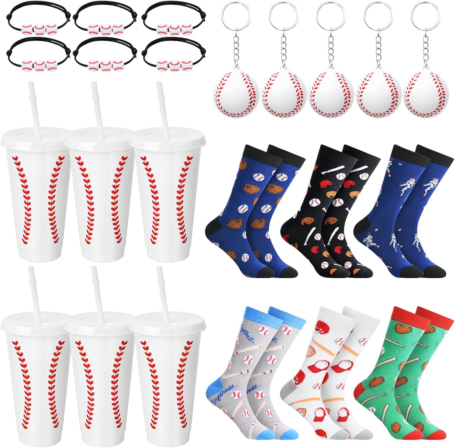 Pickmesh 24 Pcs Funny Volleyball Gifts Set Volleyball Plastic Cups with Straw and Lid, Novelty Socks, Bracelet, Keychain for Ball Lover Player Fans Sports Valentines Gift Birthday Party Favors