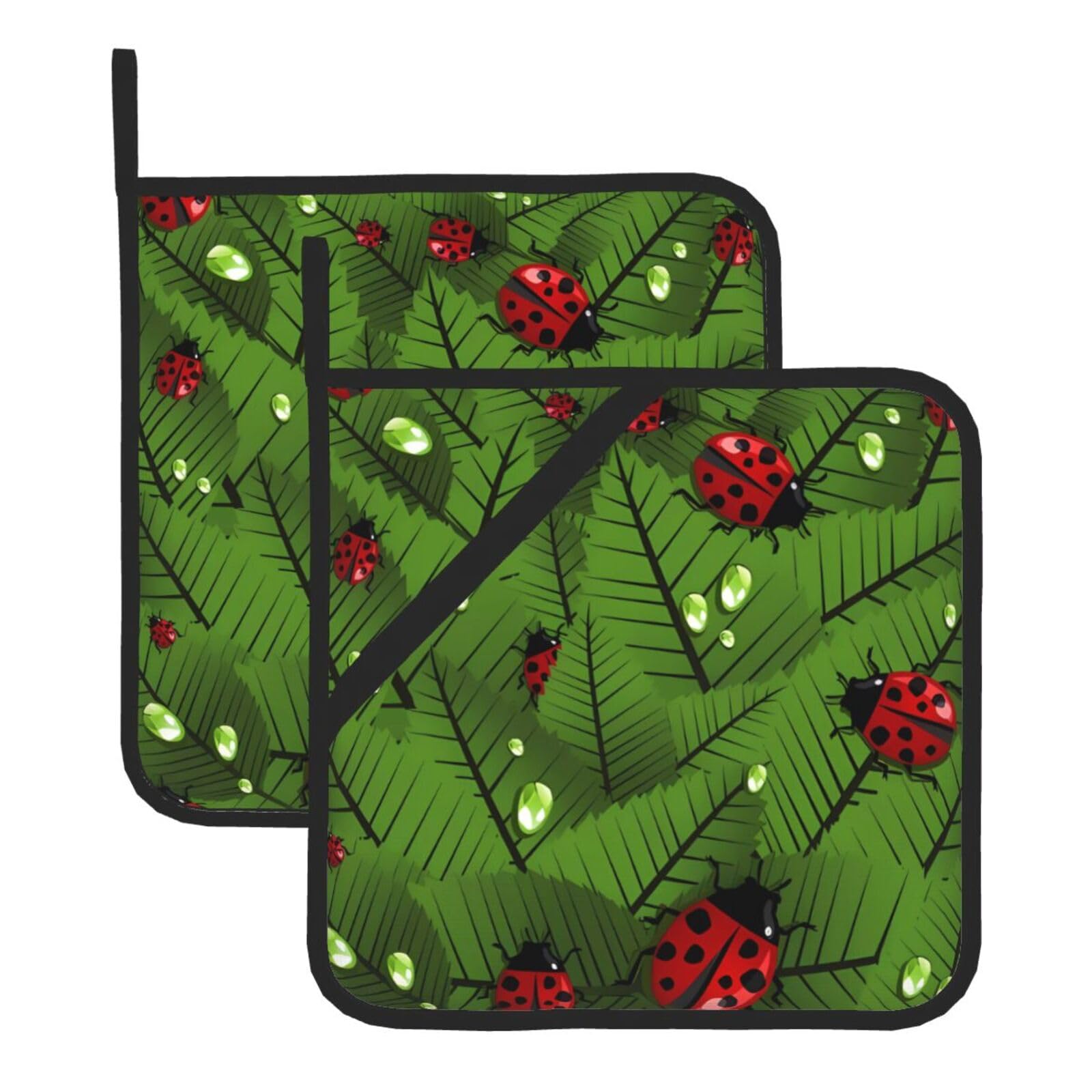 WHJSHOP Leaves and Ladybugs Prints Square Hot Pads for Kitchen - Waterproof Pot Covers with Hanging Loops - Thick Heat Resistant Trivets for Serving & BBQ, 2-Piece Set