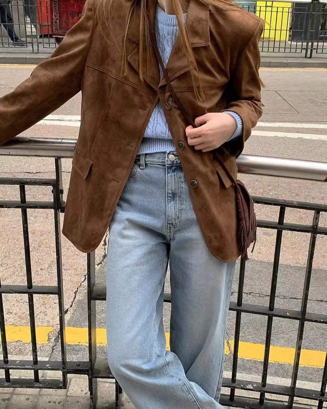 MANGMAO Suede Jacket Y2k Outerwear Brown Faux Leather Jacket Women Fall Fashion 2024 Trendy Old Money Oversized Blazers - Image 2