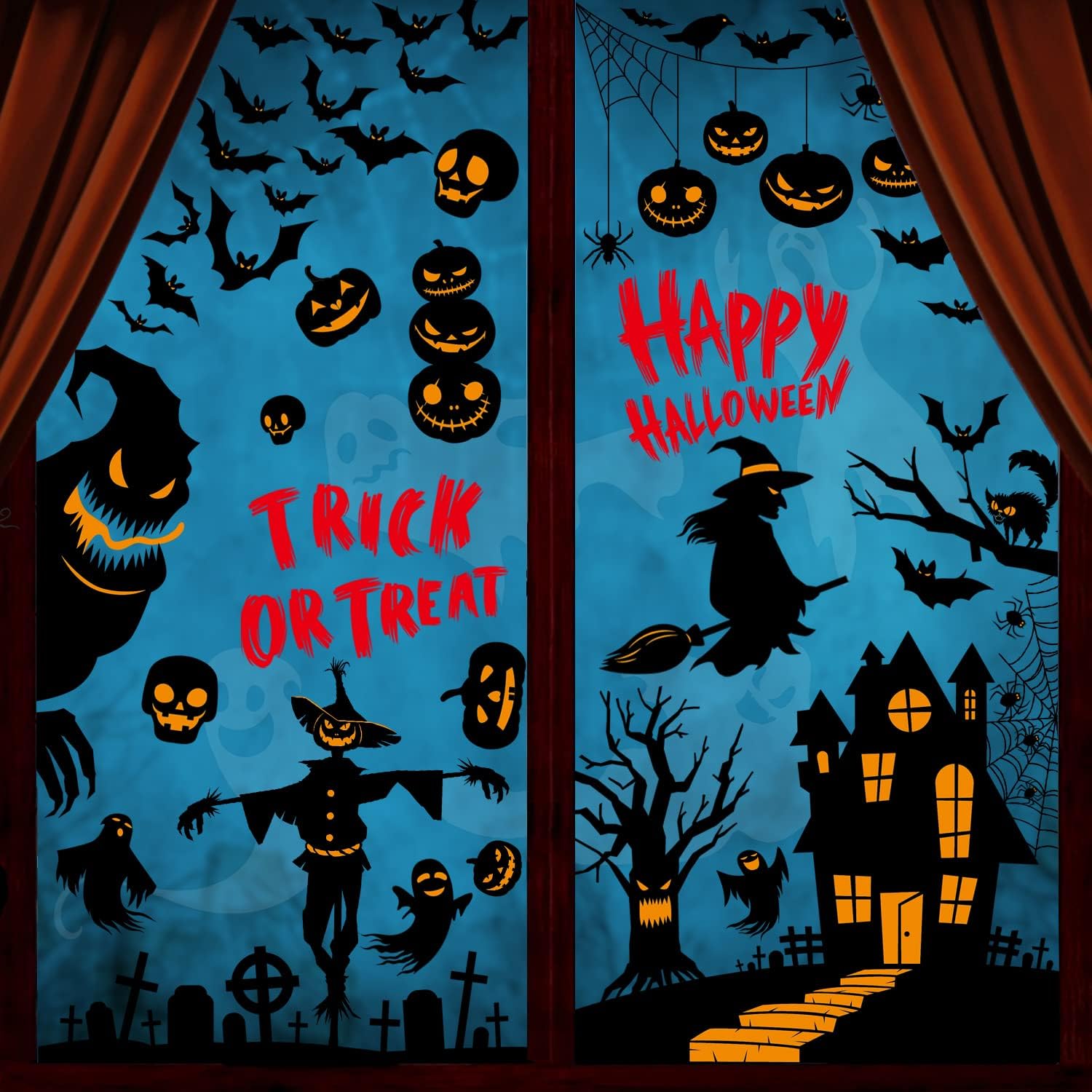 Halloween Window Stickers, 9 Sheets 87 Pcs Double-Sided Decorative Stickers, Reusable Wall Stickers, Removable Electrostatic Stickers, Halloween Accessories for Halloween Party, DIY Decorations