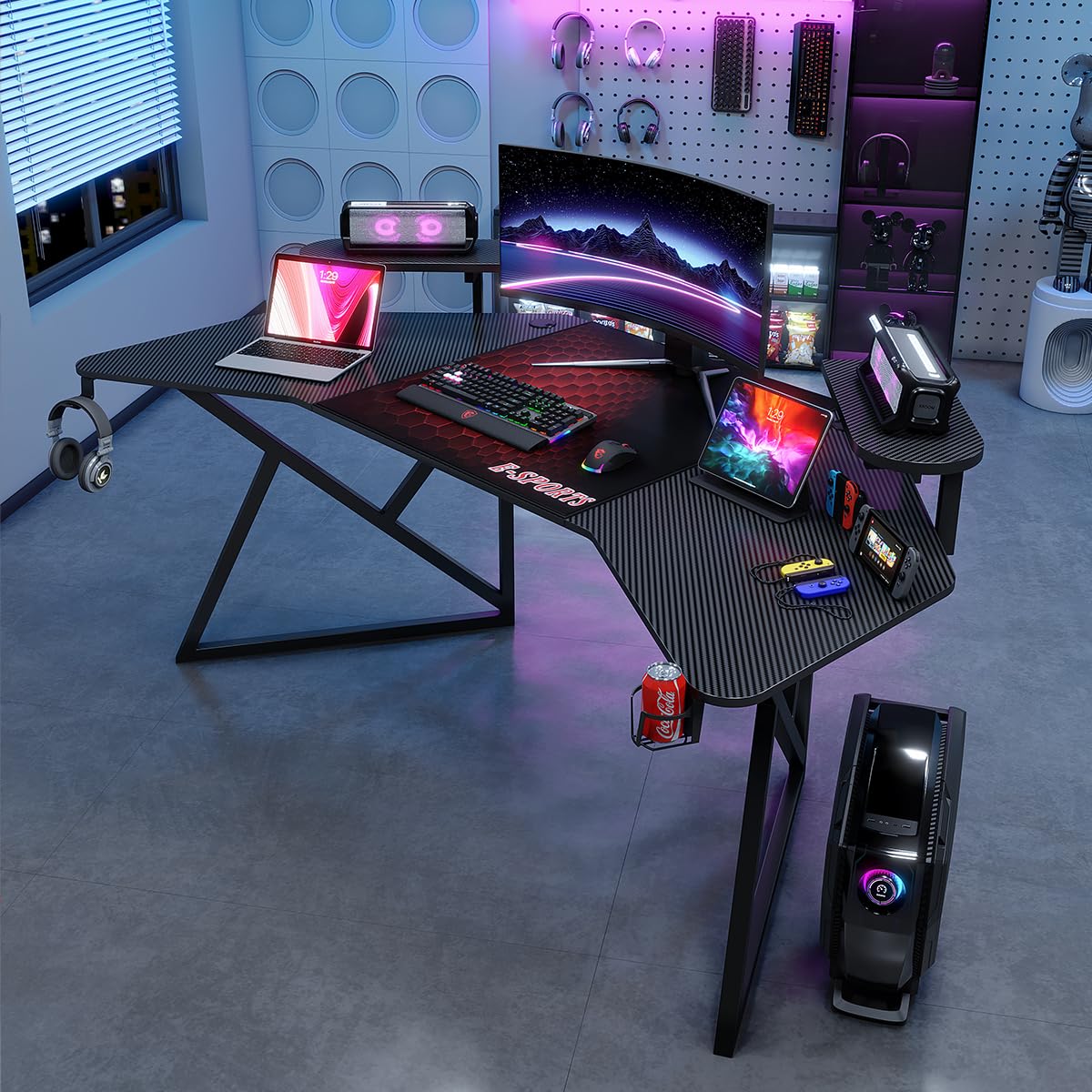 Carbon Fiber Gaming Desk, Large Computer Table with Storage Rack, Wing-Shaped Studio Desk, Office Desk with Mouse Pad, Cup Holder and Headphone Hook for Home & Office