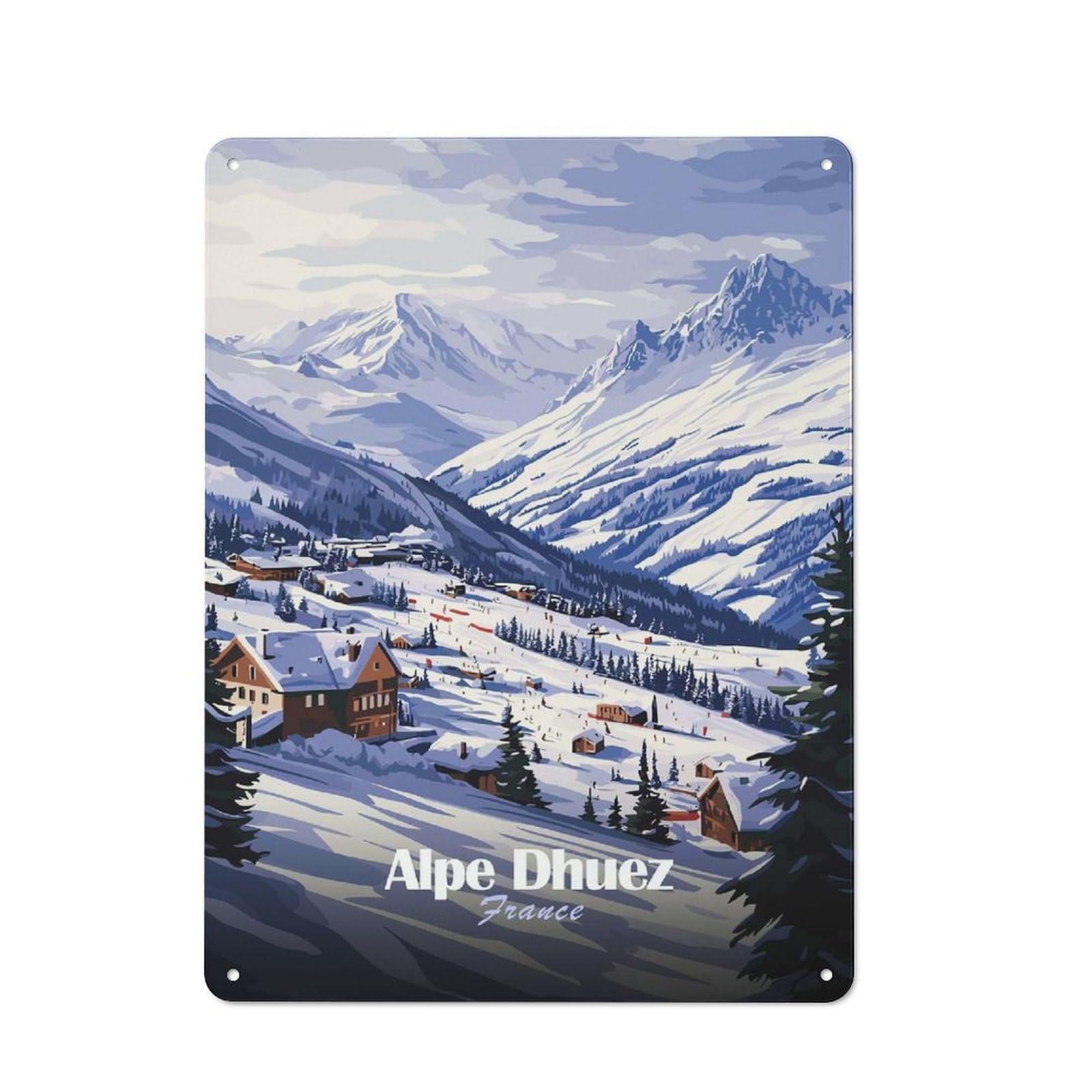 Junmoney Style-14 Tin Wall Plaque 40X30cm With Alpe Dhuez Ski Resort For Guest Room Or Hallway, For Garage, Workshop And Man Cave Decoration