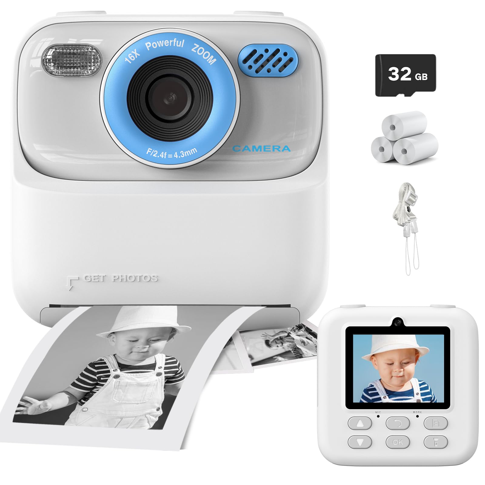 Macchina Fotografica Istantanea Bambini, 20MP/1080P HD Fotocamera Istantanea Bambini Digitale con 32GB Scheda SD e 3 Rotoli di Carta da Stampa, Regalo per Ragazze Ragazzi da 3-14, Bianco