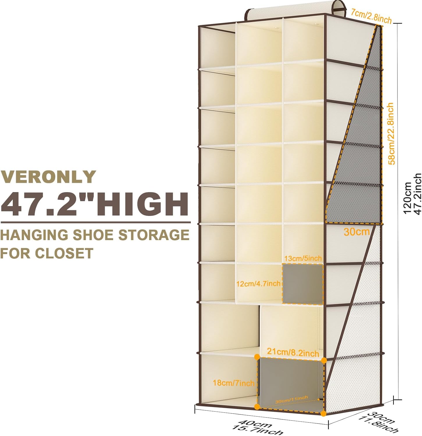 VERONLY Hanging Shoe Organizer for Closet-Collapsible Storage Rack with 25 Sections & 4 Side Pockets, Hanging Shoe Shelves for Hats,and Clothes, Beige