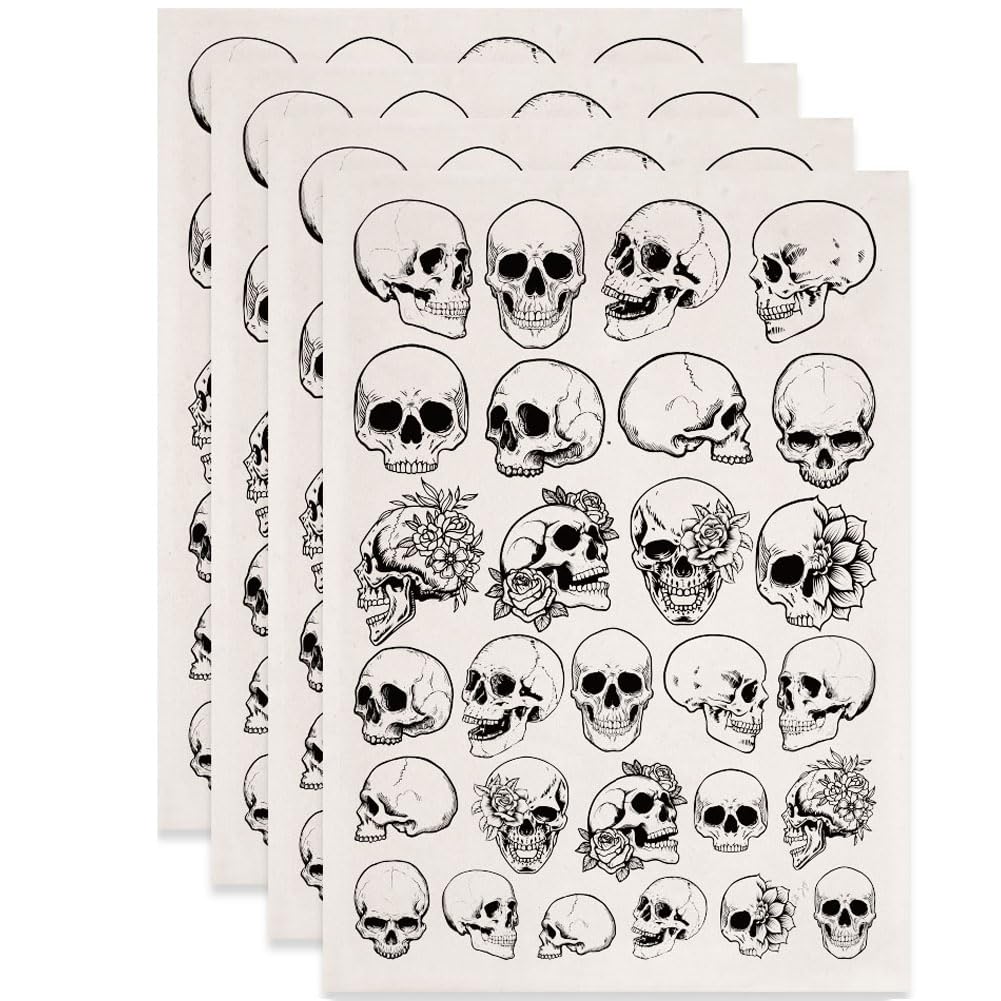 SUPERDANT 4PCS Skulls Under Glaze Paper Transfer Skull with Flowers Transfer Paper for Clay Ceramic Porcelain Underglaze Transfers for Pottery Halloween Black Underglaze Decal Papers Gifts